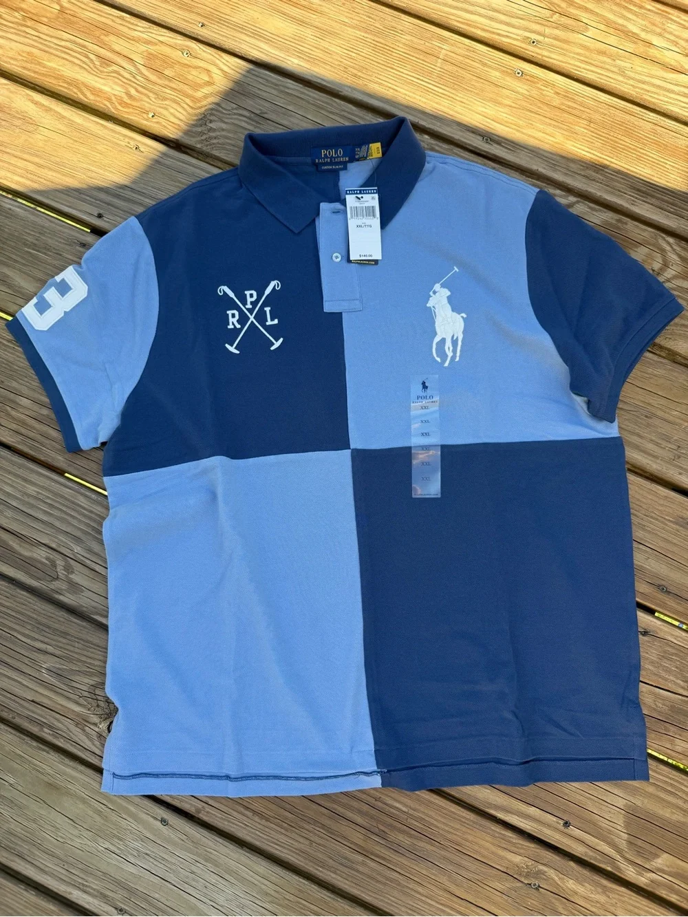 Ralph Lauren Men’s Two-Tone Navy and Light Blue Block Polo Custom Slim Fit XXL/T